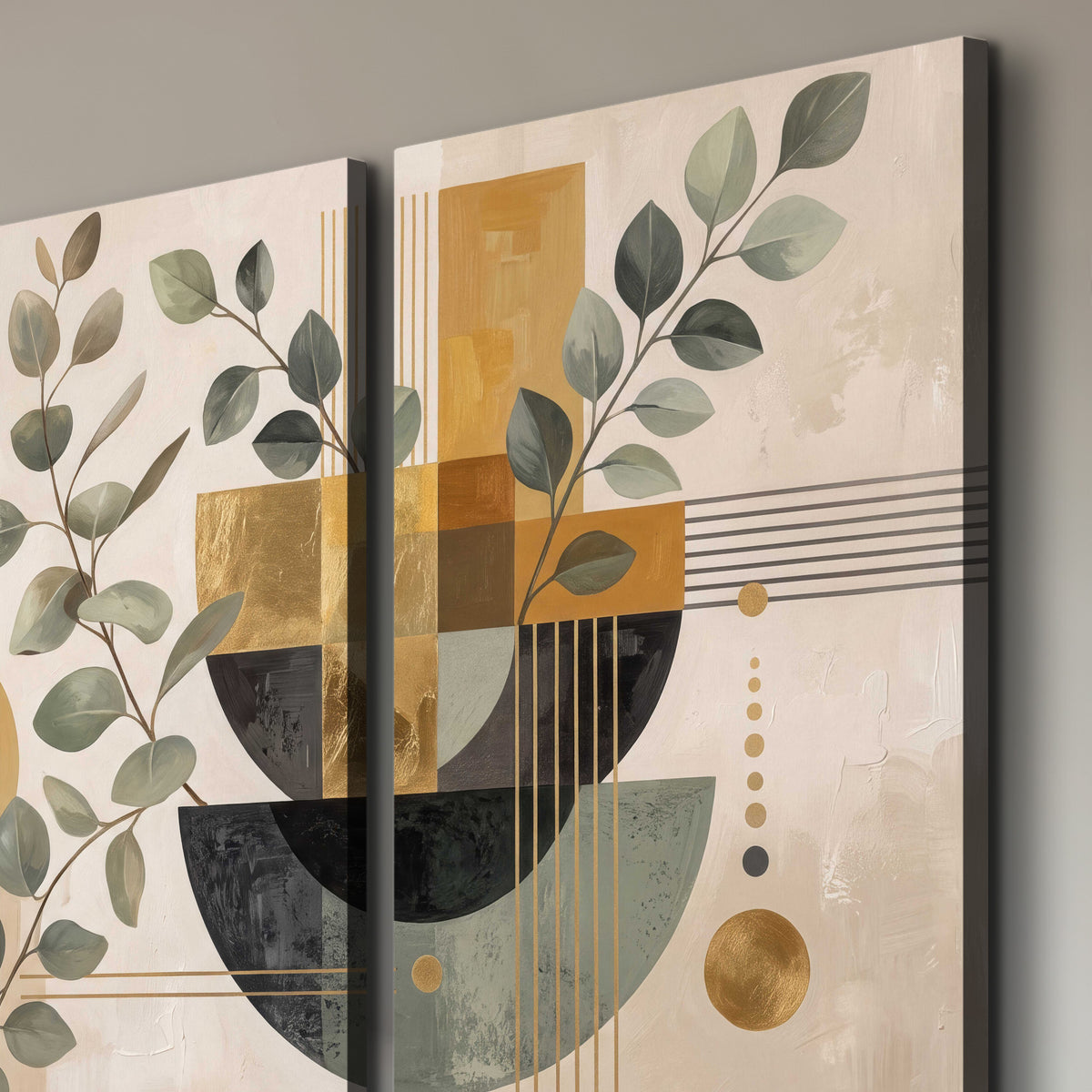 Sage leaves and golden arches botanical artwork — 3 piece canvas wall art room and product view