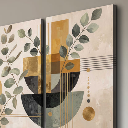 Sage leaves and golden arches botanical artwork — 3 piece canvas wall art room and product view