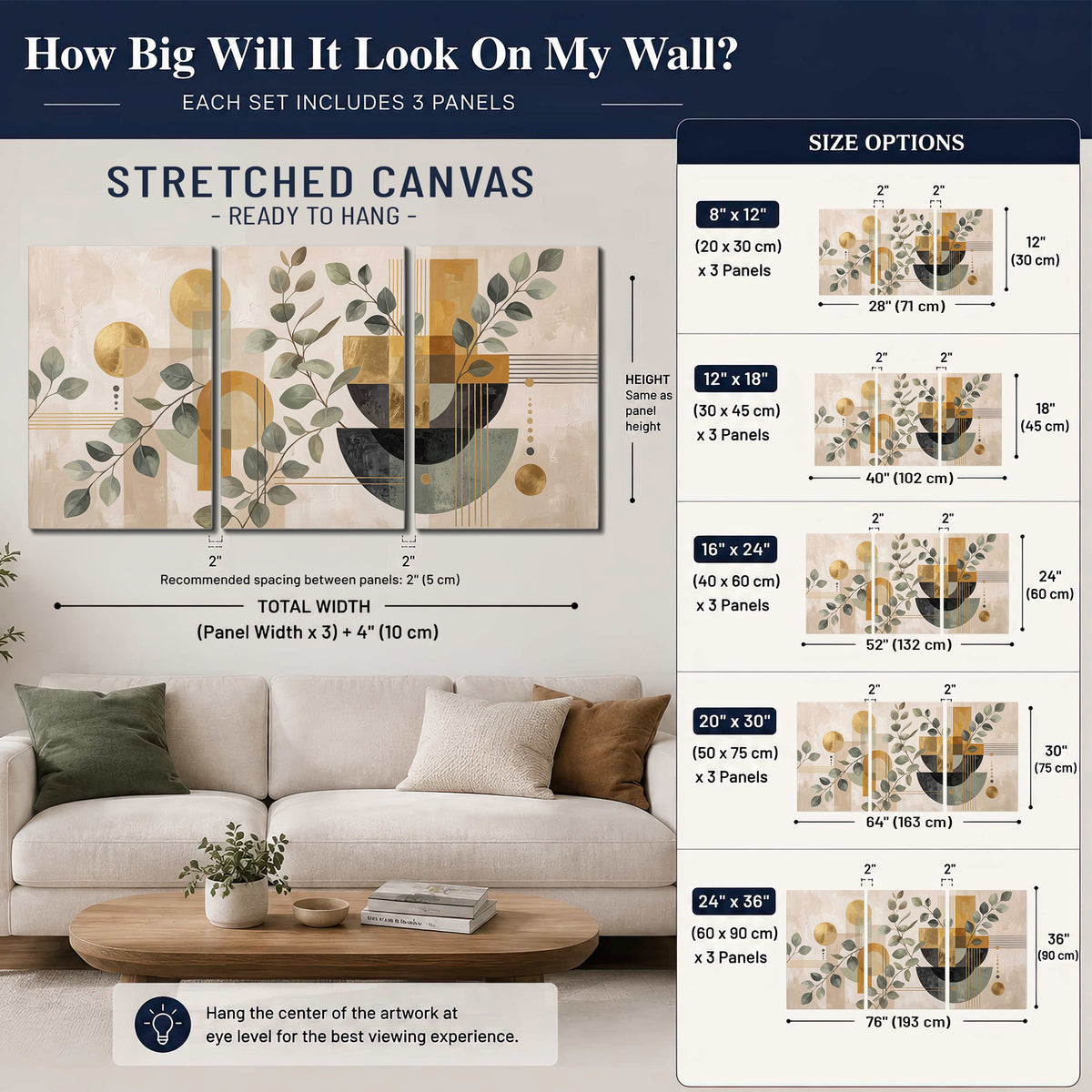 Sage leaves and golden arches botanical artwork — 3 piece canvas wall art size guide above a sofa; room view is illustrative