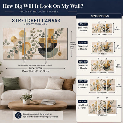 Sage leaves and golden arches botanical artwork — 3 piece canvas wall art size guide above a sofa; room view is illustrative