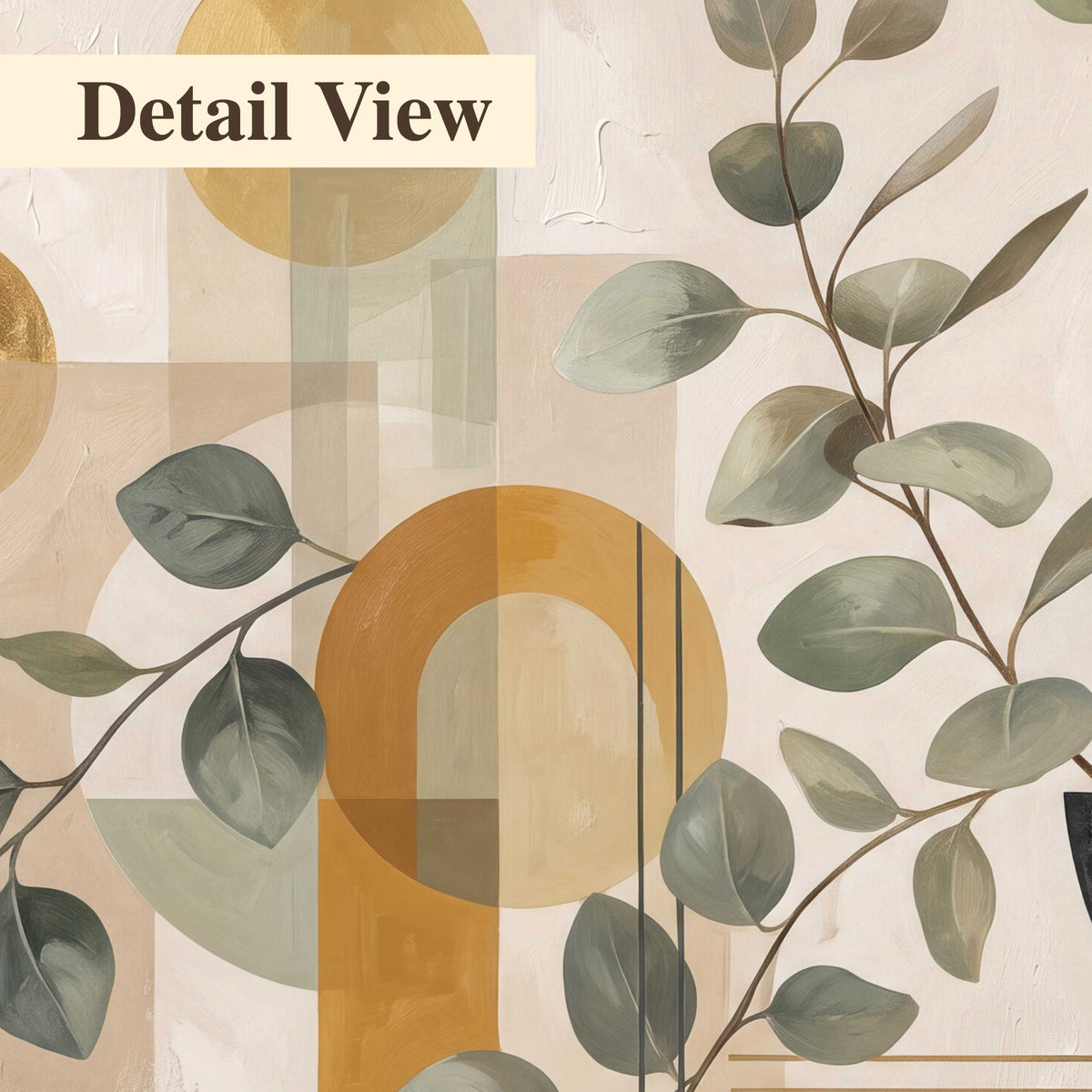 Sage leaves and golden arches botanical artwork — 3 piece canvas wall art artwork detail close up