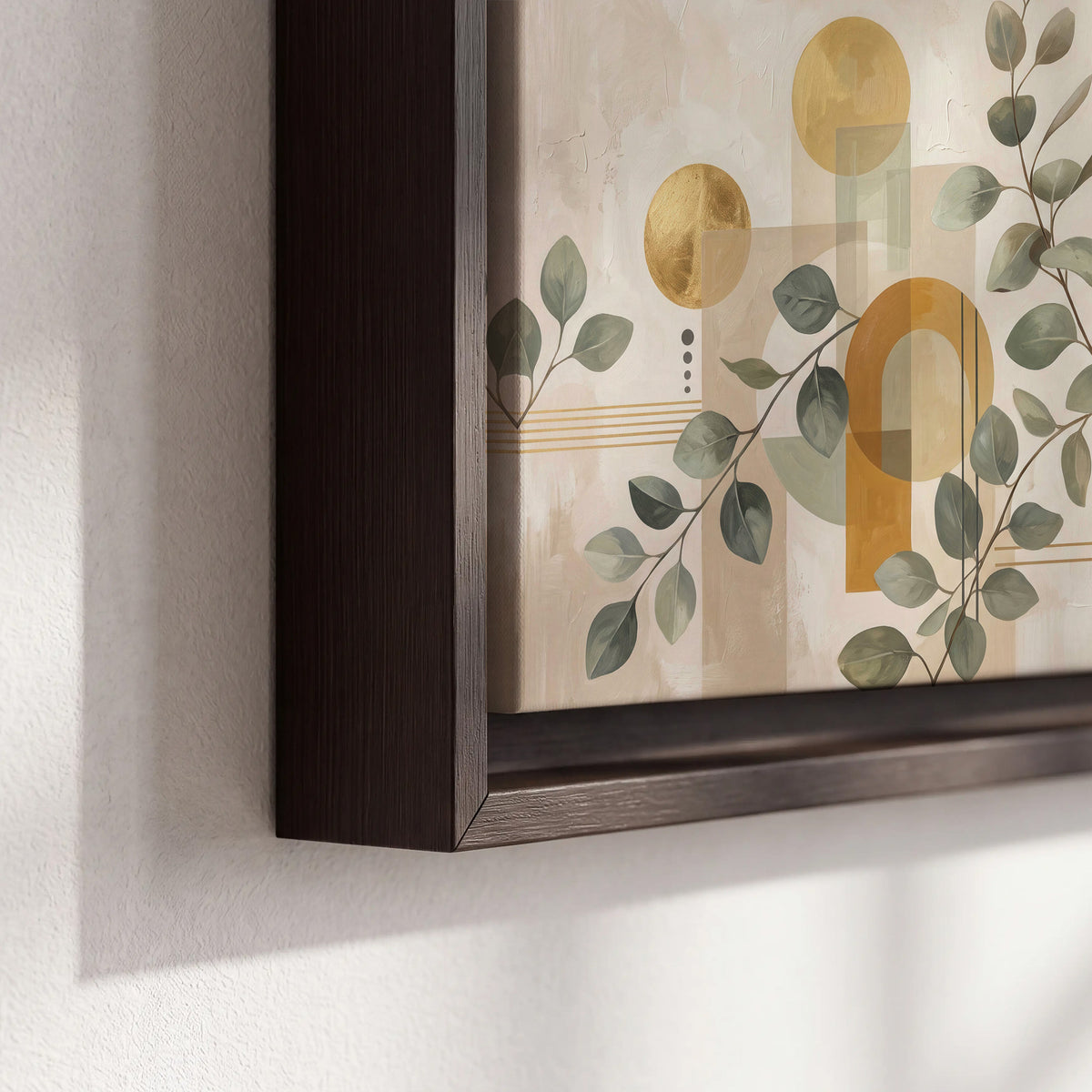 Sage leaves and golden arches botanical artwork — 3 piece framed canvas wall art material and edge close up