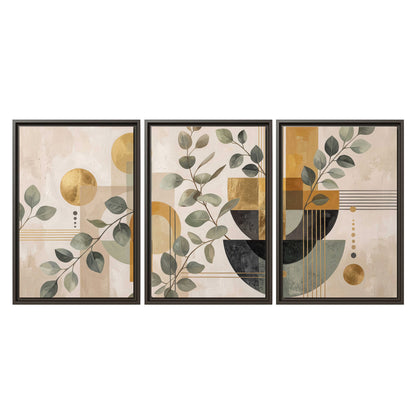 Sage leaves and golden arches botanical artwork — 3 piece framed canvas wall art viewed straight on