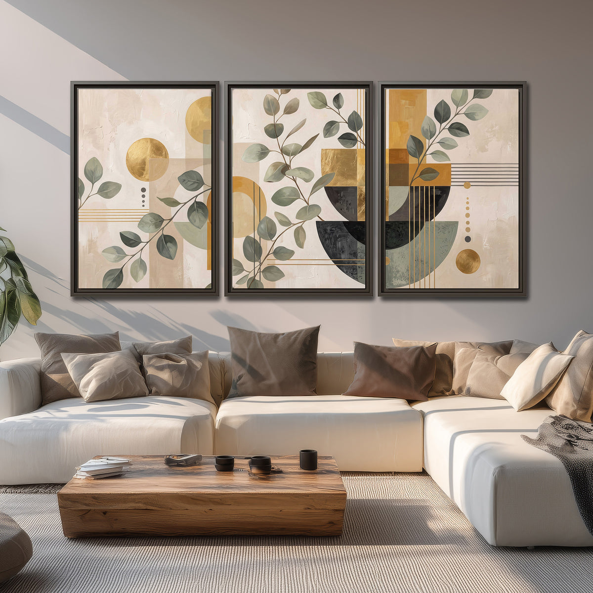 Sage leaves and golden arches botanical artwork — 3 piece framed canvas wall art displayed in a living room