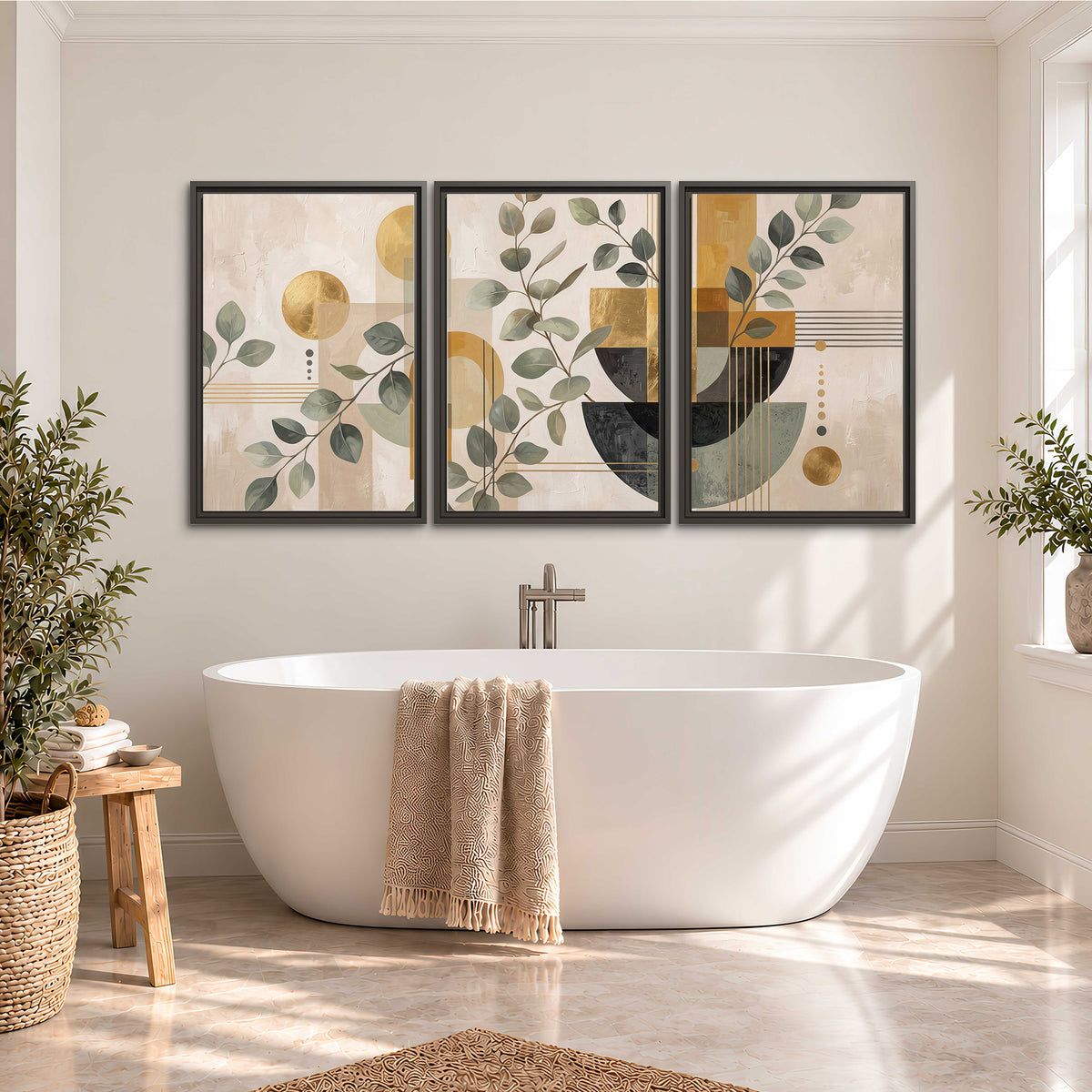 Sage leaves and golden arches botanical artwork — 3 piece framed canvas wall art styled in an interior