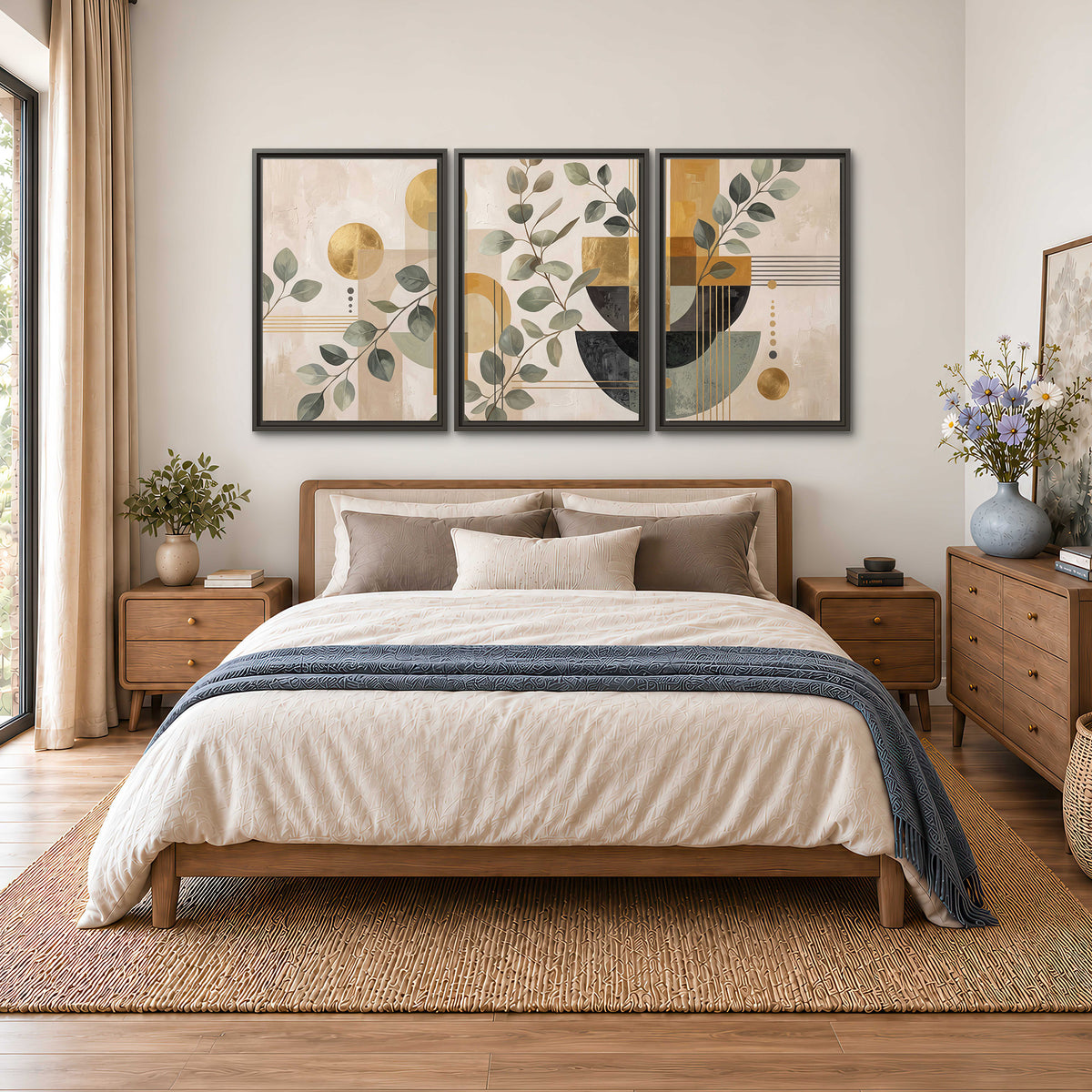 Sage leaves and golden arches botanical artwork — 3 piece framed canvas wall art styled in an interior
