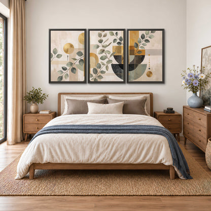 Sage leaves and golden arches botanical artwork — 3 piece framed canvas wall art styled in an interior