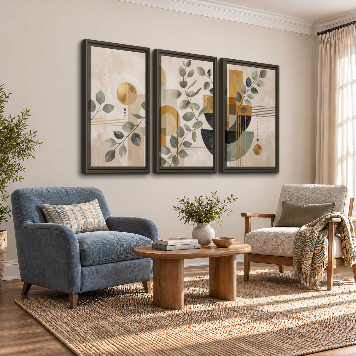 Sage leaves and golden arches botanical artwork — 3 piece framed canvas wall art styled in an interior