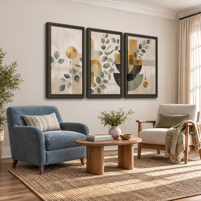 Sage leaves and golden arches botanical artwork — 3 piece framed canvas wall art styled in an interior