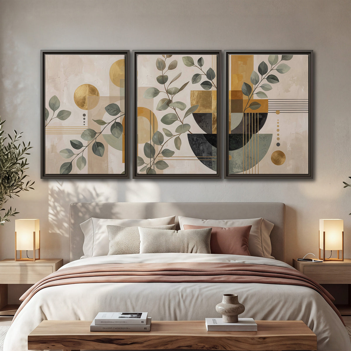 Sage leaves and golden arches botanical artwork — 3 piece framed canvas wall art displayed in a bedroom