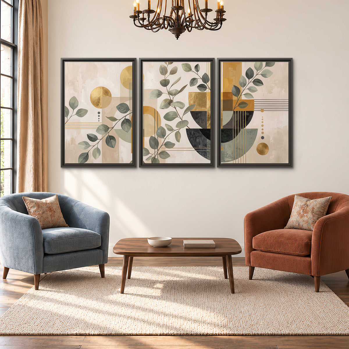 Sage leaves and golden arches botanical artwork — 3 piece framed canvas wall art styled in an interior