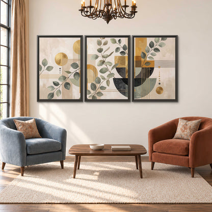 Sage leaves and golden arches botanical artwork — 3 piece framed canvas wall art styled in an interior