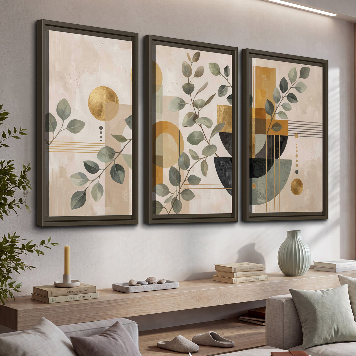 Sage leaves and golden arches botanical artwork — 3 piece framed canvas wall art displayed in a console