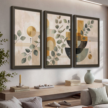 Sage leaves and golden arches botanical artwork — 3 piece framed canvas wall art displayed in a console