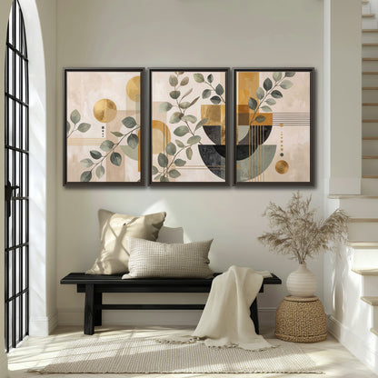Sage leaves and golden arches botanical artwork — 3 piece framed canvas wall art displayed in a entryway