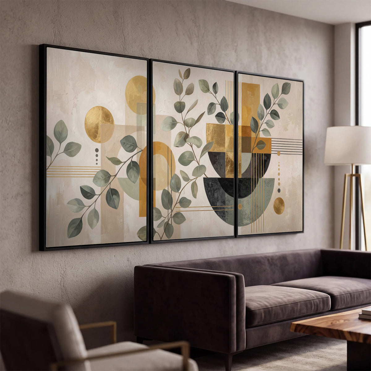 Sage leaves and golden arches botanical artwork — 3 piece framed canvas wall art displayed in a modern living room
