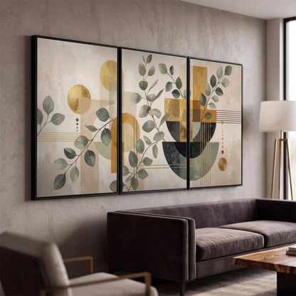 Sage leaves and golden arches botanical artwork — 3 piece framed canvas wall art displayed in a modern living room