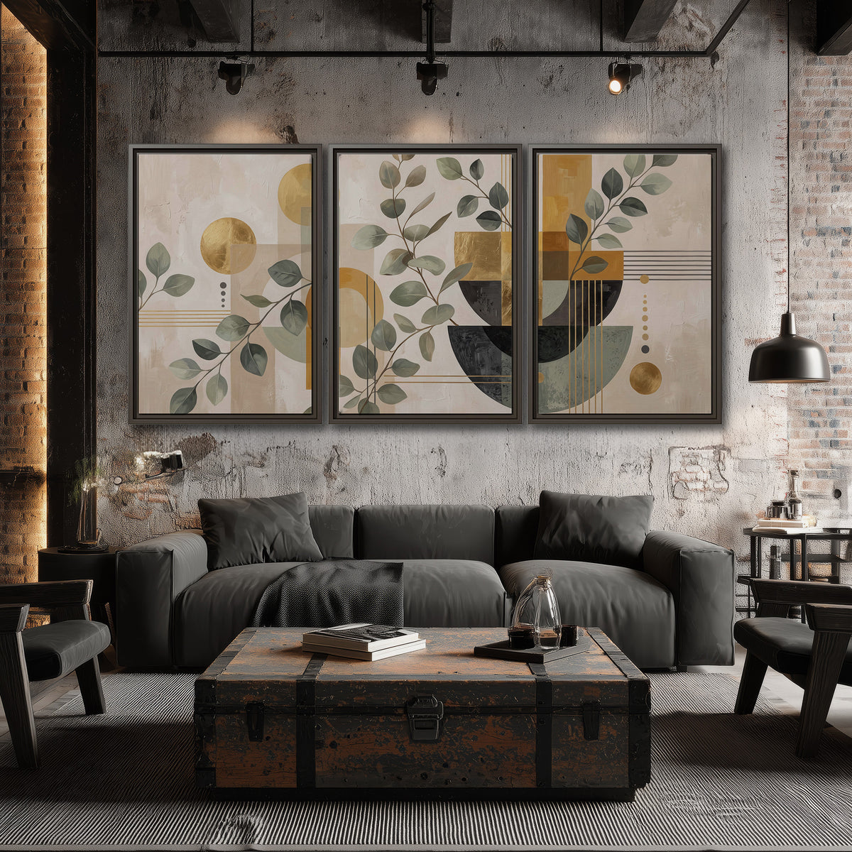 Sage leaves and golden arches botanical artwork — 3 piece framed canvas wall art displayed in a industrial room
