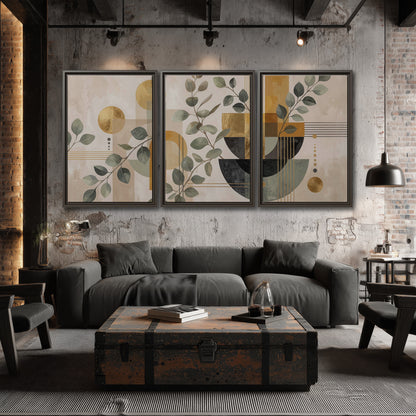 Sage leaves and golden arches botanical artwork — 3 piece framed canvas wall art displayed in a industrial room