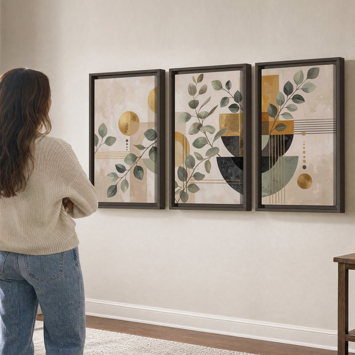 Sage leaves and golden arches botanical artwork — 3 piece framed canvas wall art three panel arrangement on a wall