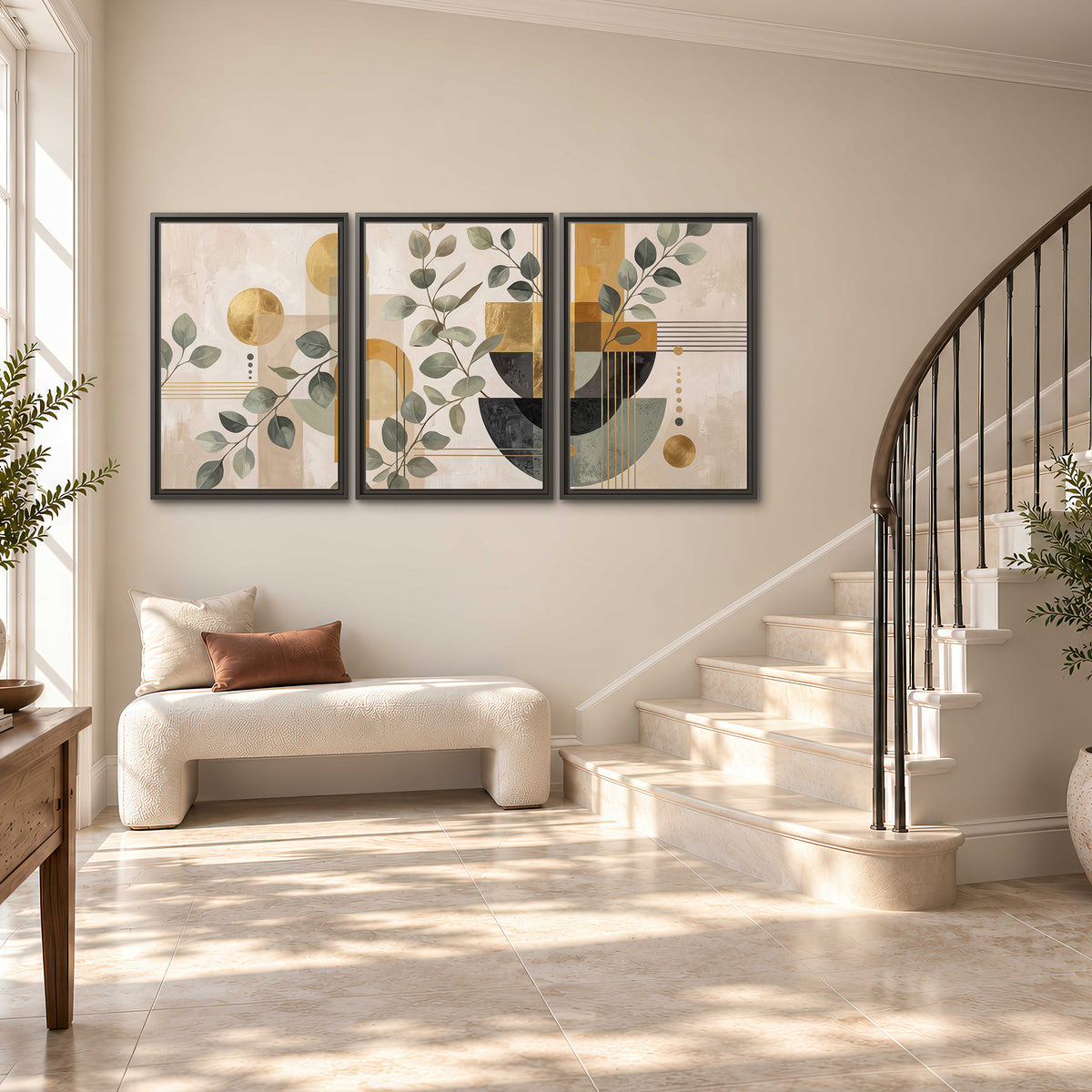 Sage leaves and golden arches botanical artwork — 3 piece framed canvas wall art styled in an interior