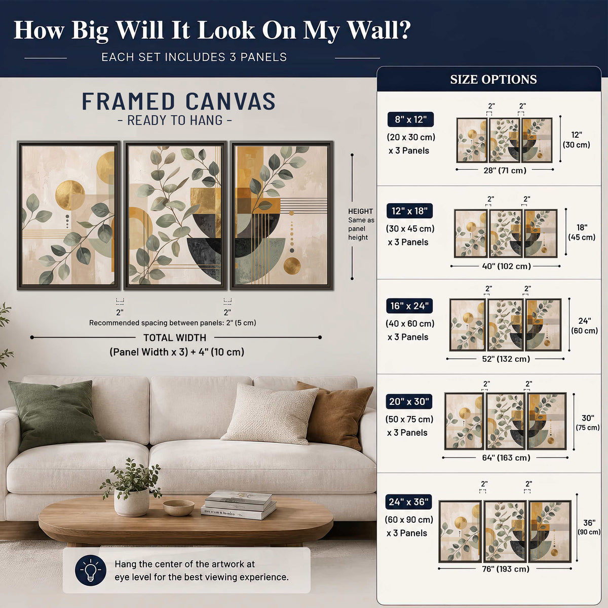 Sage leaves and golden arches botanical artwork — 3 piece framed canvas wall art size guide above a sofa; room view is illustrative