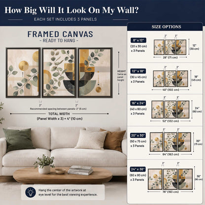 Sage leaves and golden arches botanical artwork — 3 piece framed canvas wall art size guide above a sofa; room view is illustrative