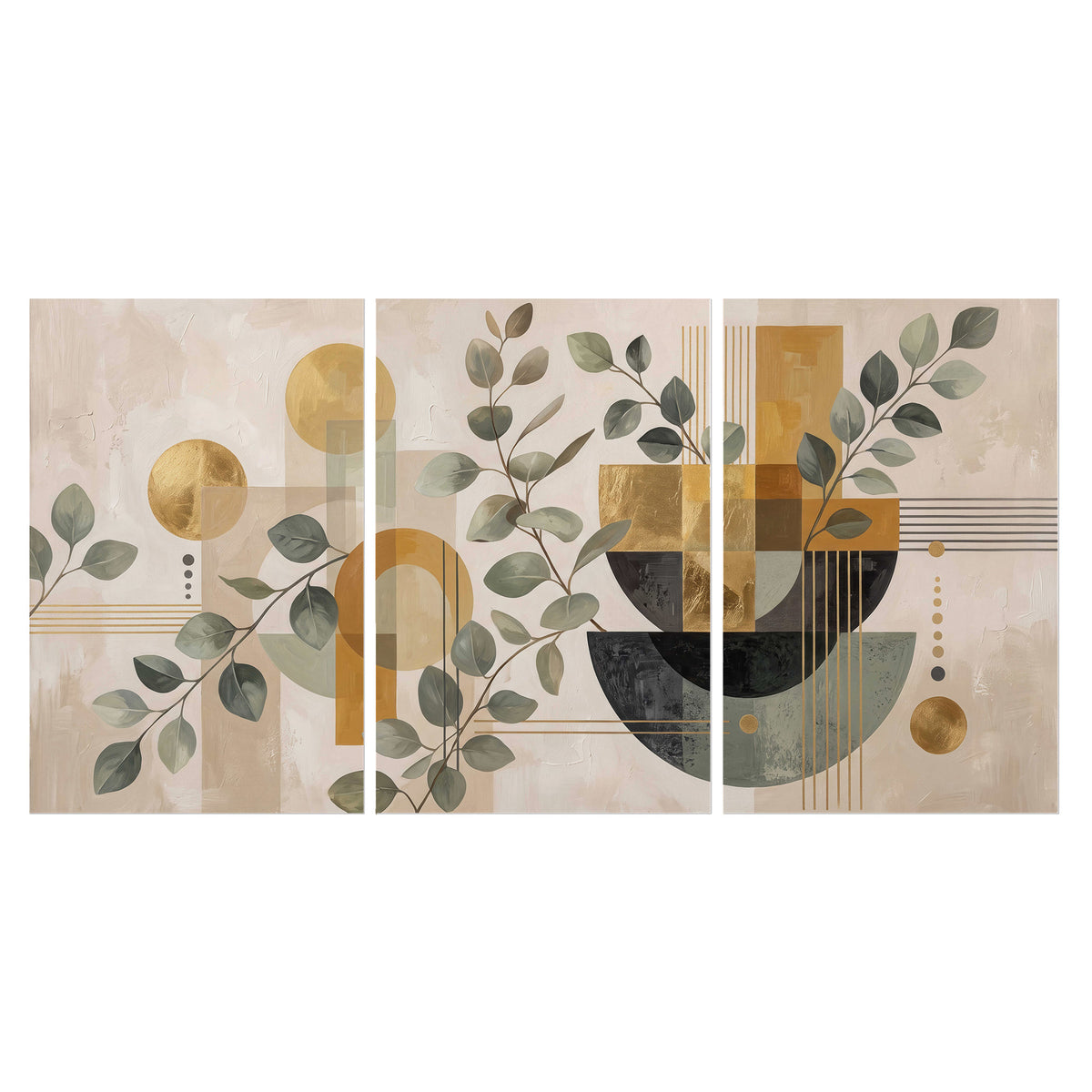 Front view: Sage leaves and golden arches botanical artwork — set of 3 poster prints viewed straight on