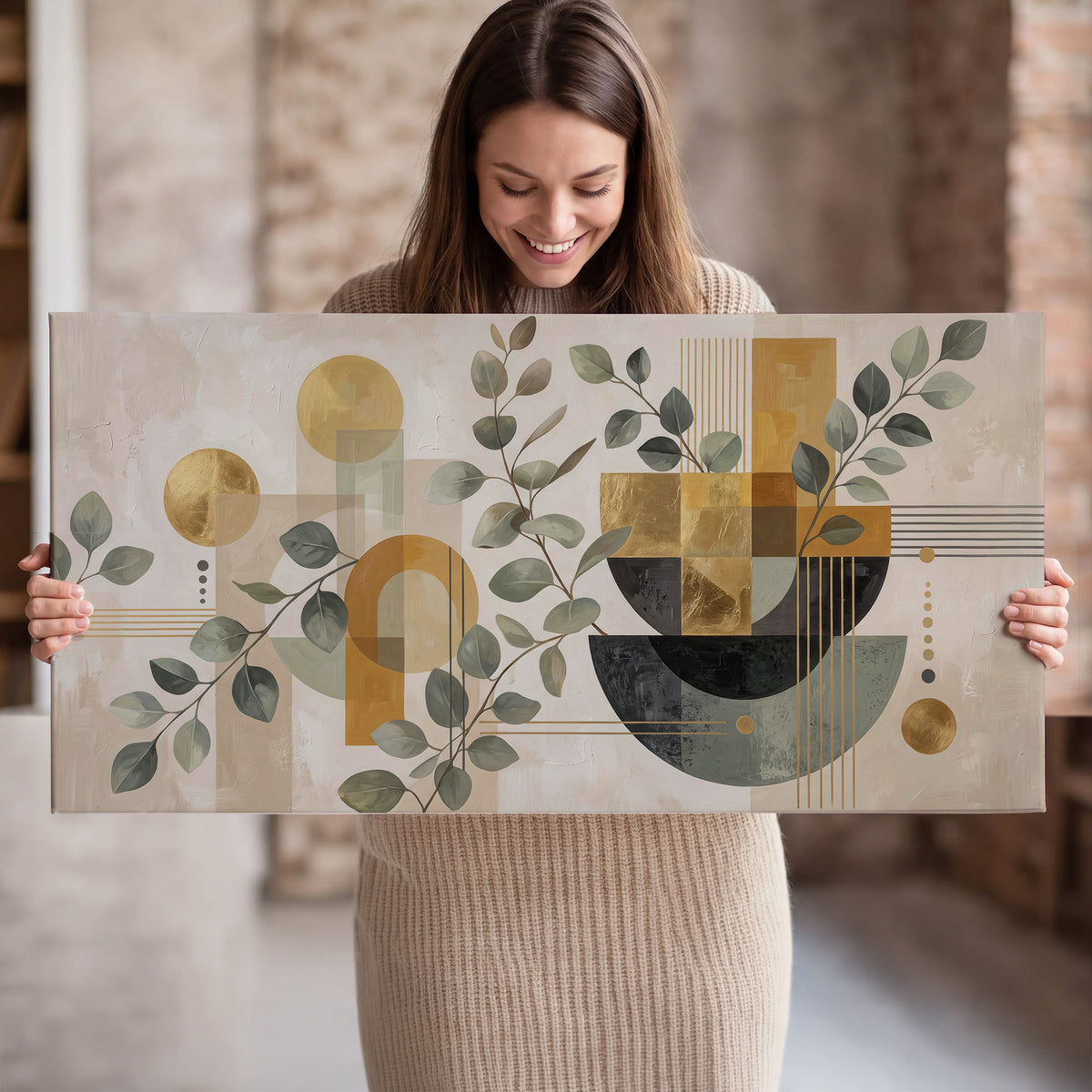 Sage leaves and golden arches botanical artwork — single canvas wall art held in hands