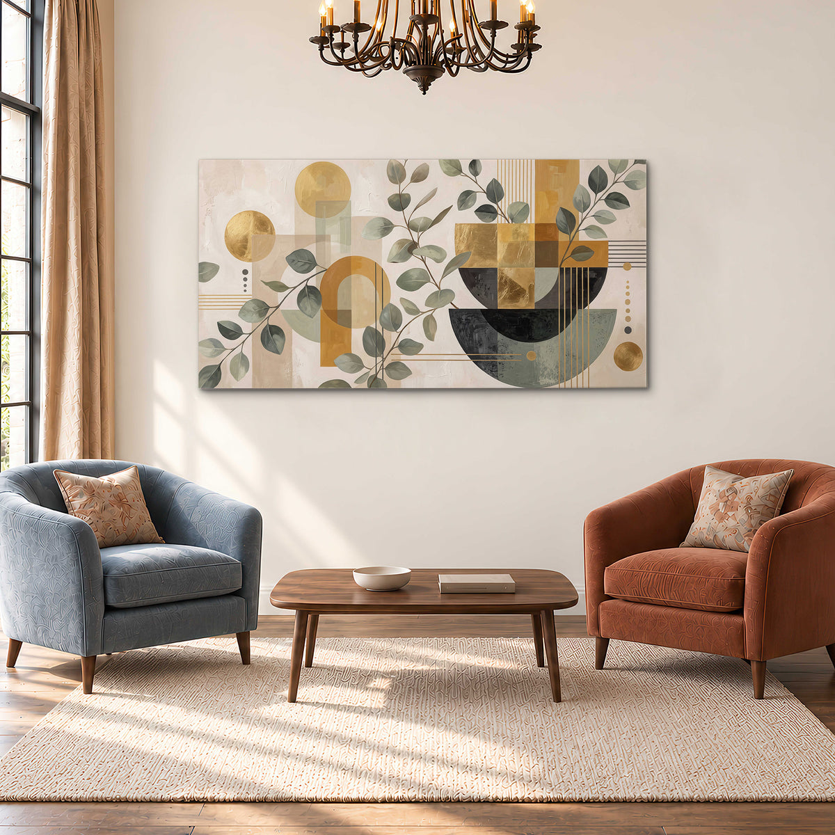 Sage leaves and golden arches botanical artwork — single canvas wall art styled in an interior