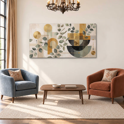 Sage leaves and golden arches botanical artwork — single canvas wall art styled in an interior