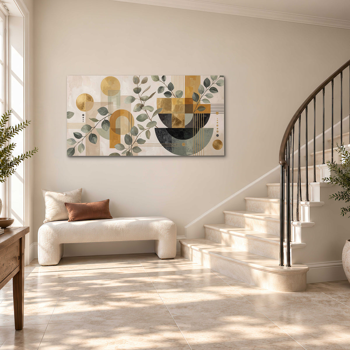 Sage leaves and golden arches botanical artwork — single canvas wall art styled in an interior