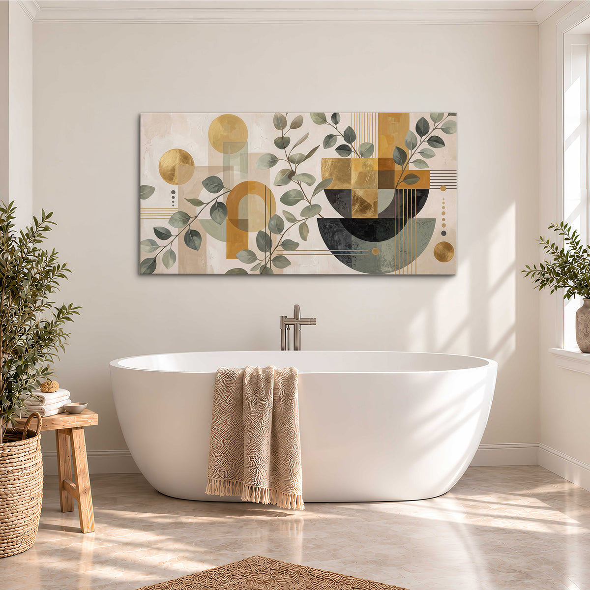 Sage leaves and golden arches botanical artwork — single canvas wall art styled in an interior