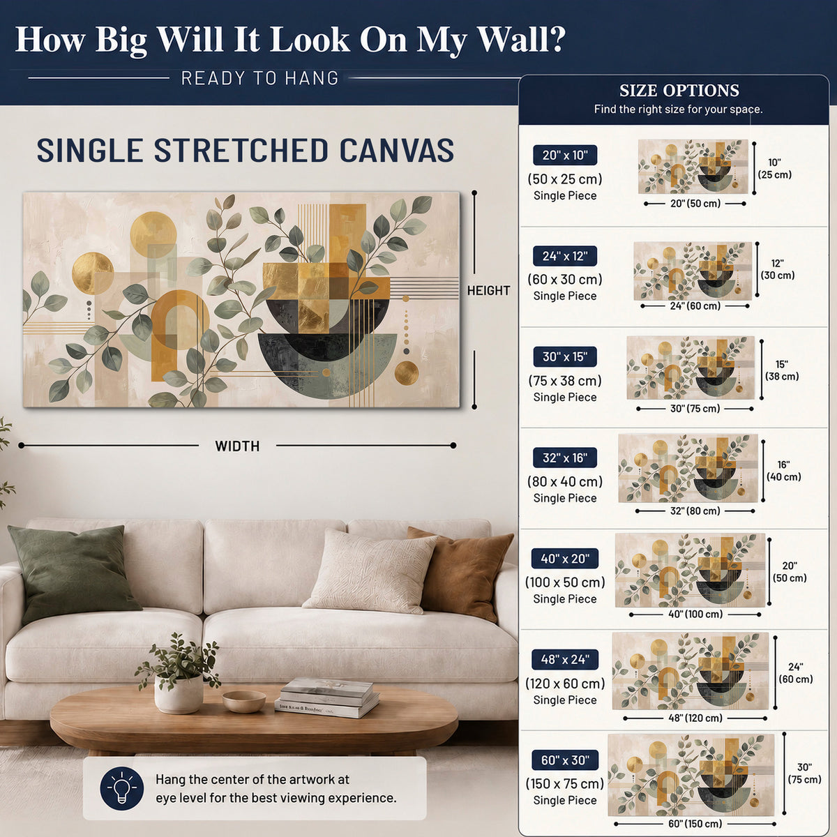 Sage leaves and golden arches botanical artwork — single canvas wall art size guide above a sofa; room view is illustrative