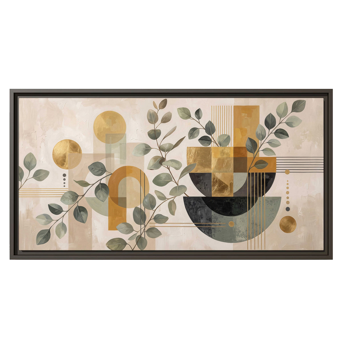 Sage leaves and golden arches botanical artwork — single framed canvas wall art viewed straight on