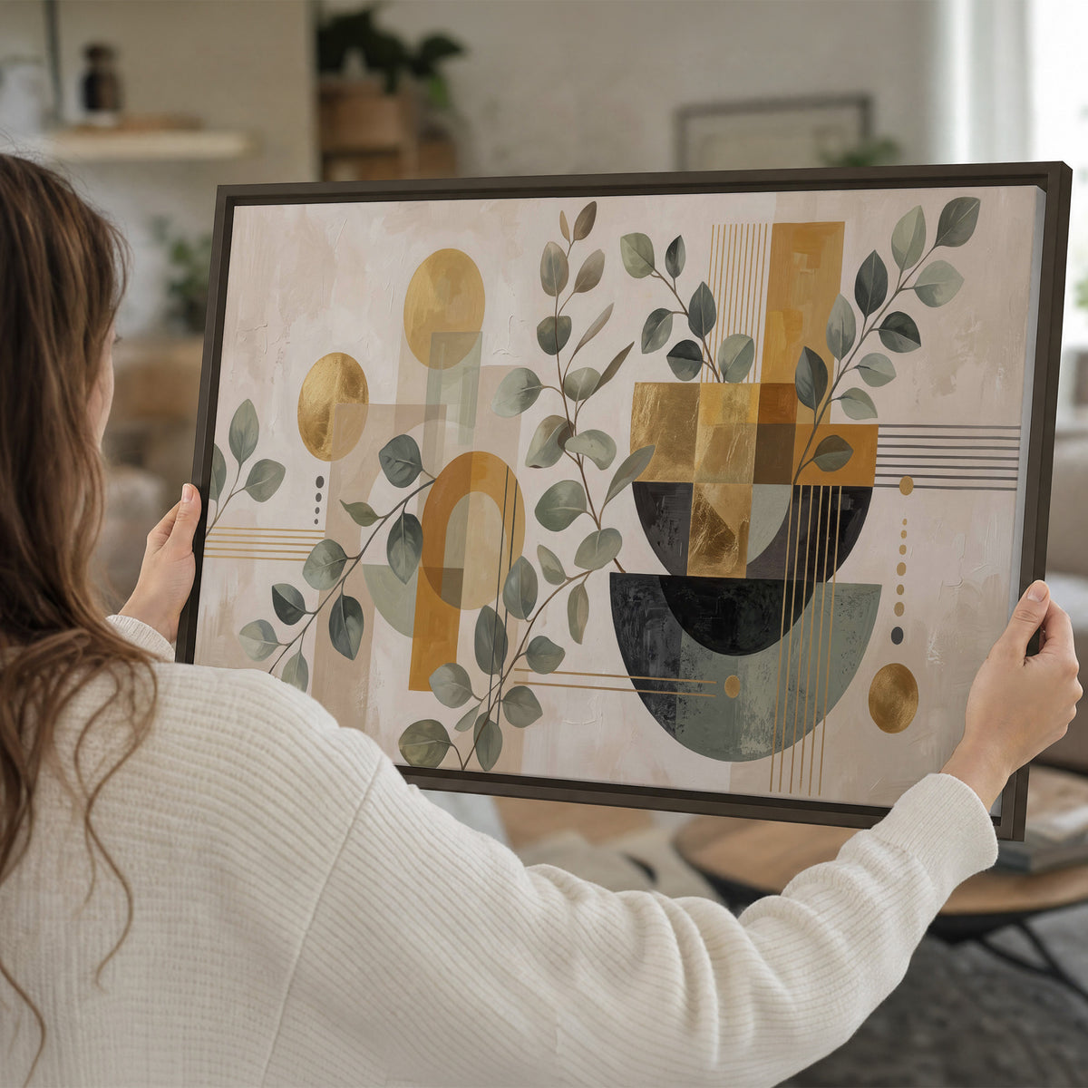 Sage leaves and golden arches botanical artwork — single framed canvas wall art held in hands
