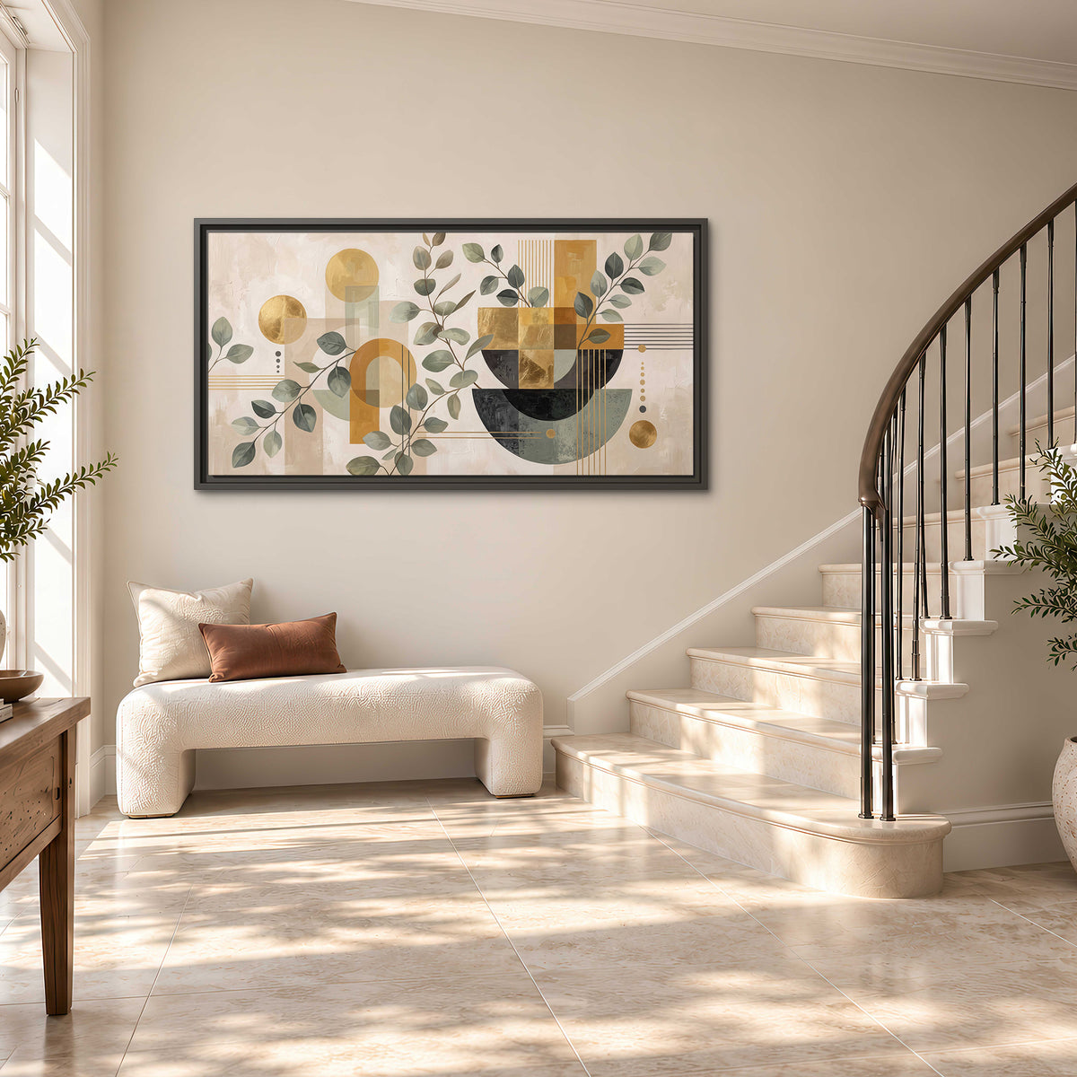 Sage leaves and golden arches botanical artwork — single framed canvas wall art styled in an interior