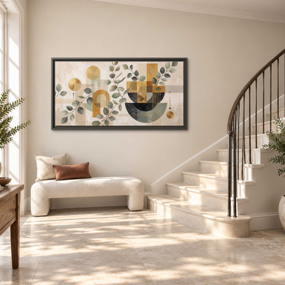 Sage leaves and golden arches botanical artwork — single framed canvas wall art styled in an interior