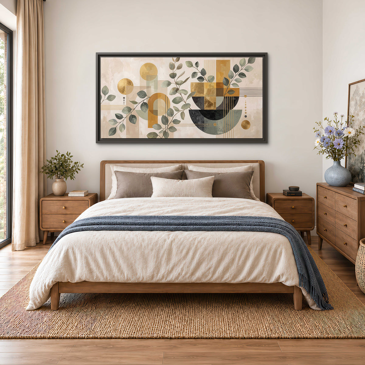 Sage leaves and golden arches botanical artwork — single framed canvas wall art styled in an interior