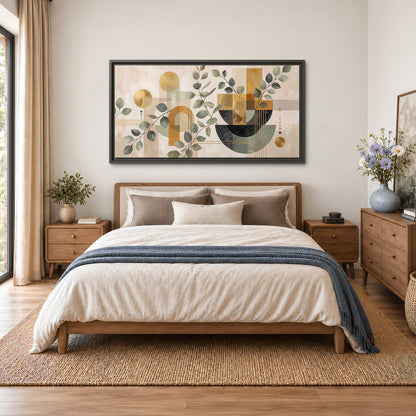 Sage leaves and golden arches botanical artwork — single framed canvas wall art styled in an interior