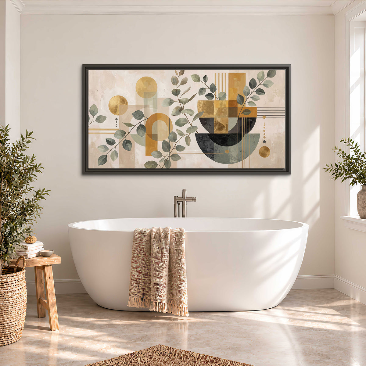 Sage leaves and golden arches botanical artwork — single framed canvas wall art styled in an interior