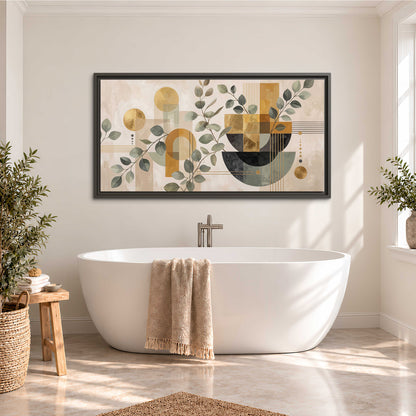 Sage leaves and golden arches botanical artwork — single framed canvas wall art styled in an interior