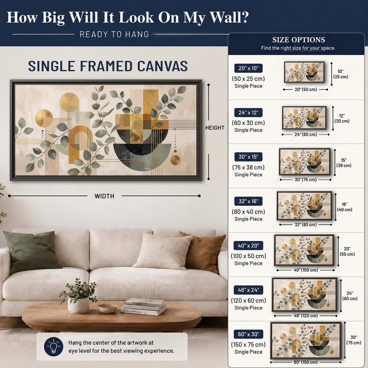 Sage leaves and golden arches botanical artwork — single framed canvas wall art size guide above a sofa; room view is illustrative