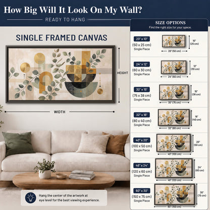 Sage leaves and golden arches botanical artwork — single framed canvas wall art size guide above a sofa; room view is illustrative
