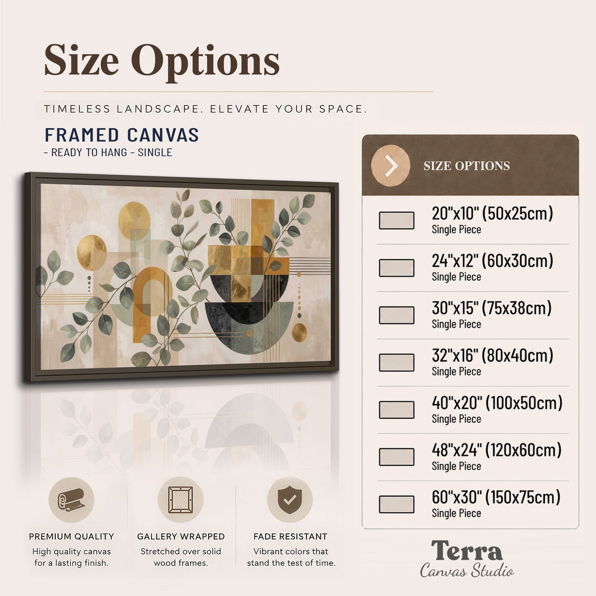Sage leaves and golden arches botanical artwork — single framed canvas wall art available dimensions