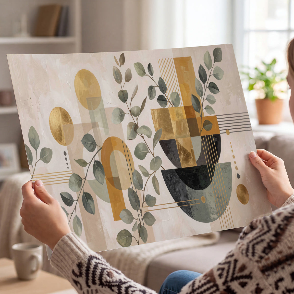 Sage leaves and golden arches botanical artwork — single poster print held in hands