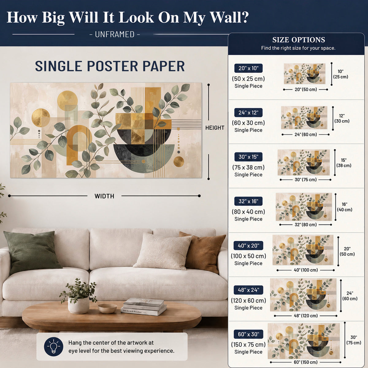 Sage leaves and golden arches botanical artwork — single poster print size guide above a sofa; room view is illustrative