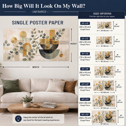 Sage leaves and golden arches botanical artwork — single poster print size guide above a sofa; room view is illustrative