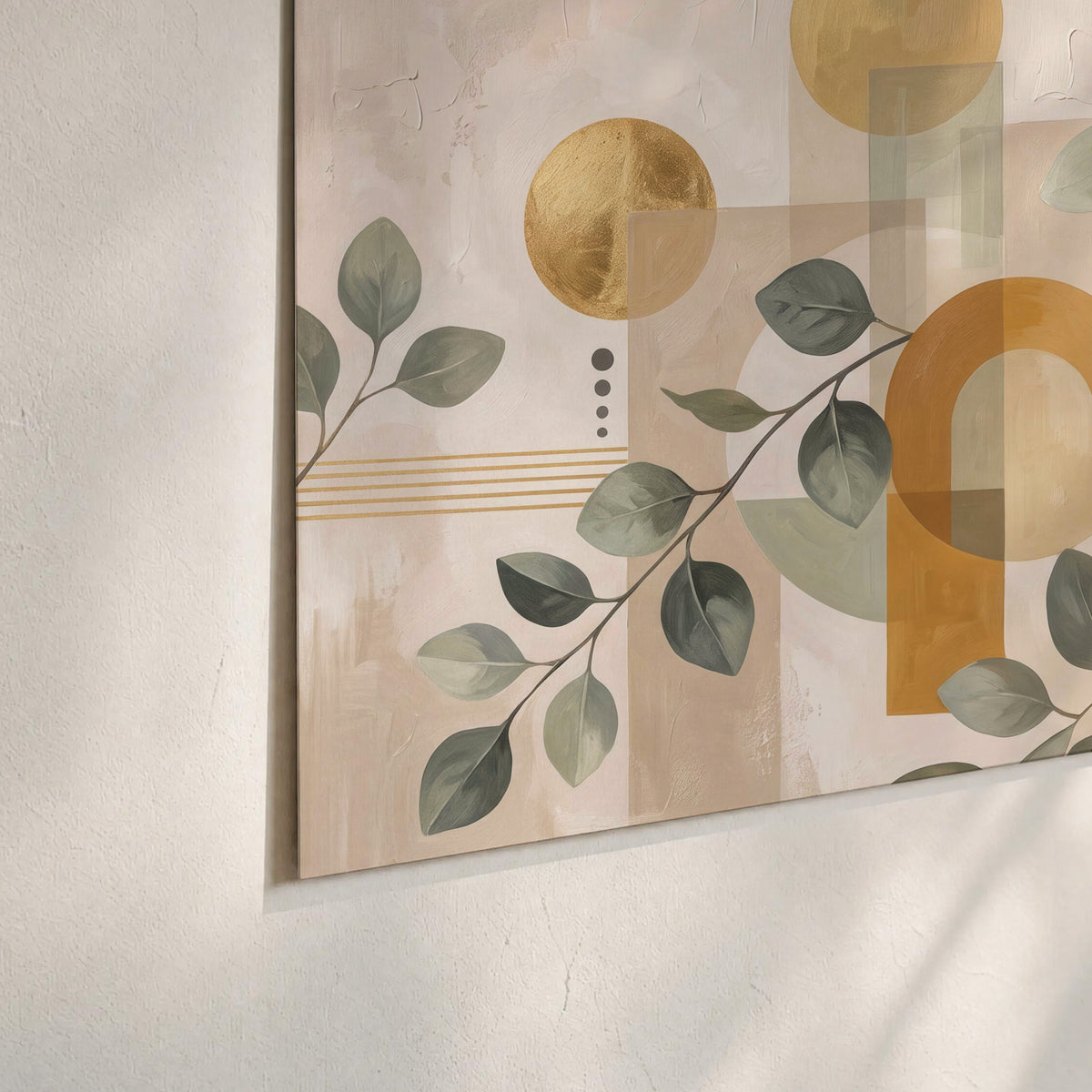 Sage leaves and golden arches botanical artwork — set of 3 poster prints material and edge close up