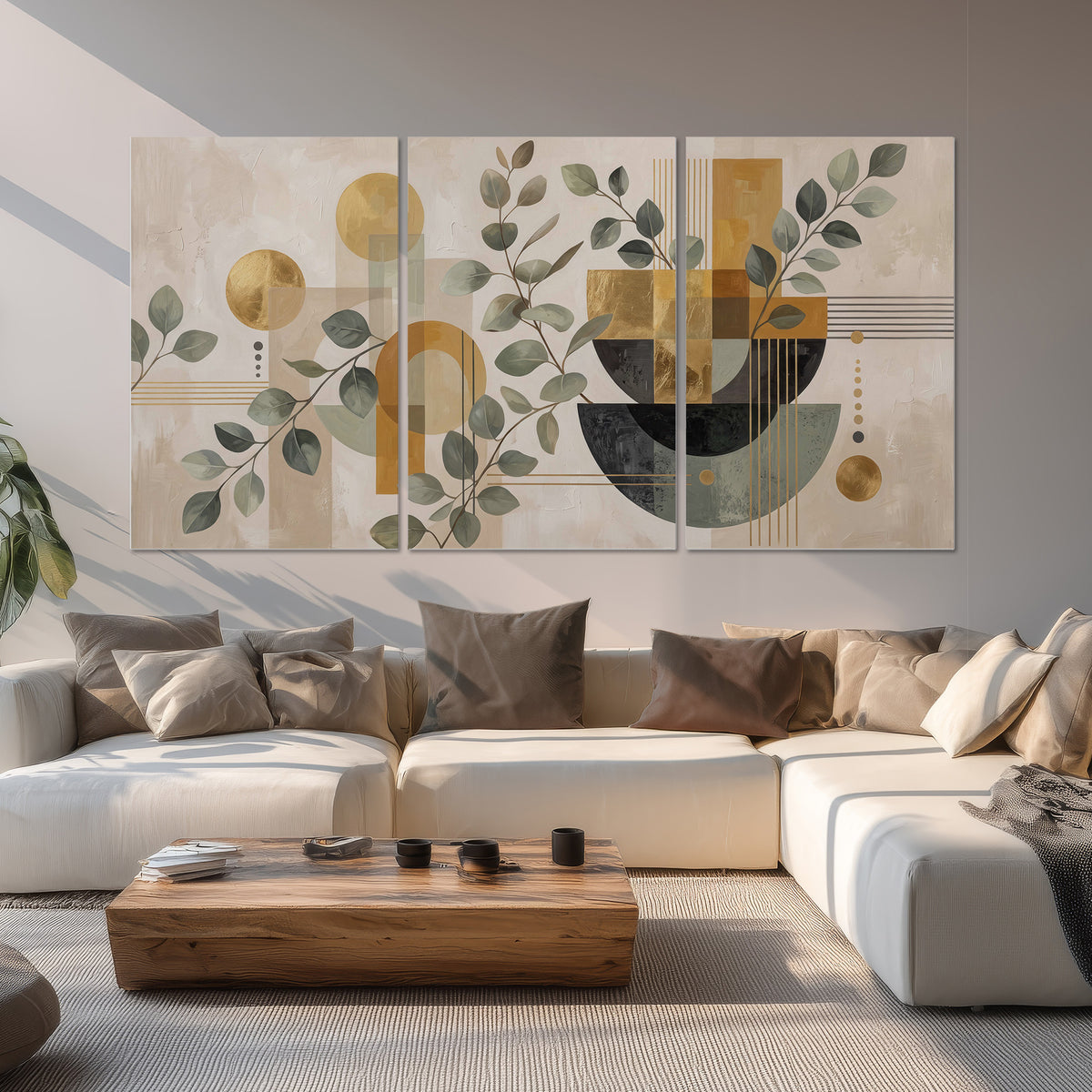 Sage leaves and golden arches botanical artwork — set of 3 poster prints displayed in a living room